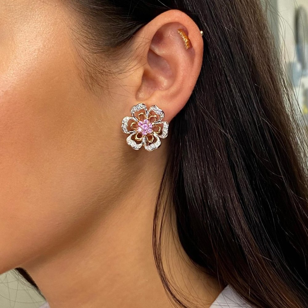 Luca Carati Pink Sapphire and Diamond Flower Earrings 18K Rose & White Gold